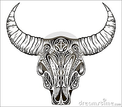 Boho chic, ethnic, native american or mexican bull skull with feathers on horns. Vector Illustration