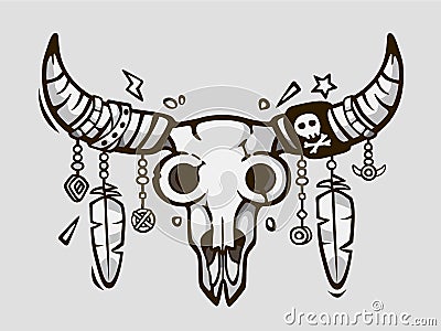 Boho chic. Ethnic tattoo style. Native american or mexican bull skull with feathers on horns. Vector Illustration