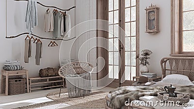 Boho chic farmhouse bedroom with rattan bed, rustic walk in closet and armchair in white and bleached wood tones. Jute carpet. Stock Photo