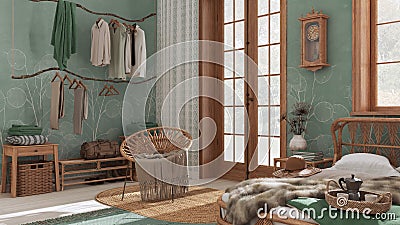 Boho chic farmhouse bedroom with rattan bed, rustic walk in closet and armchair in white and green tones. Jute carpet. Vintage Stock Photo