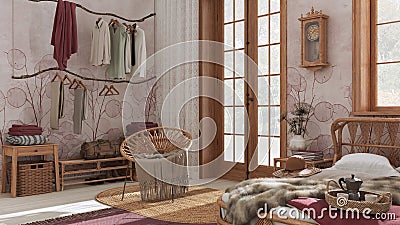 Boho chic farmhouse bedroom with rattan bed, rustic walk in closet and armchair in white and red tones. Jute carpet. Vintage Stock Photo