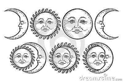 Boho chic flash tattoo design hand drawn art sun and crescent moon set. Antique style sticker design vector isolated on white back Vector Illustration