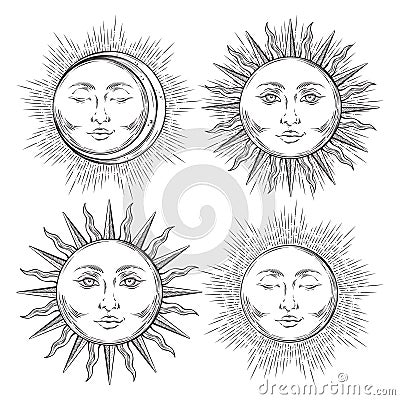 Boho chic flash tattoo design hand drawn art sun and crescent moon set. Vector Illustration