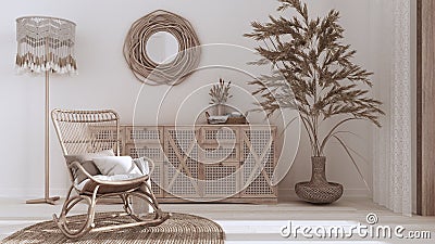 Boho chic living room, rattan chest of drawer and rocking chair on jute carpet in white and bleached wood tones. Bohemian Stock Photo