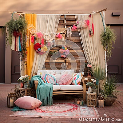 Boho Chic Photobooth: Whimsical Outdoor Setup with Colorful Fabrics and Dreamcatchers Stock Photo