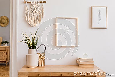 Boho interior design of home office. Stock Photo