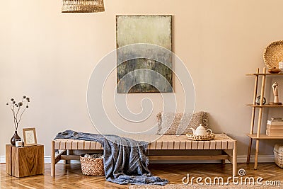 Cosy, earth tone living room interior with natural home decor. Stock Photo