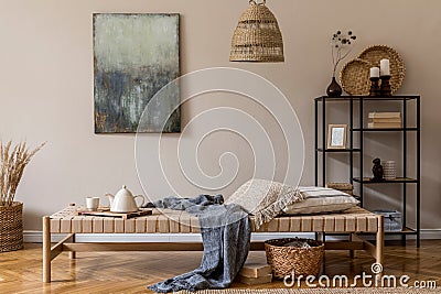 Cosy, earth tone living room interior with natural home decor. Stock Photo