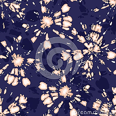 Boho Coral Tie-Dye Shibori Sunburst Circles on Indigo Background Vector Seamless Pattern Vector Illustration