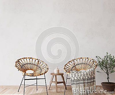 Boho cozy living room design, bright wall mockup Stock Photo