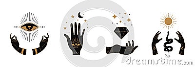 Boho doodle mystic hands. Hand drawn esoteric icons, simple feminine logo set with moon eye sun snake. Vector illustration Vector Illustration