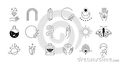 Boho doodle mystic set. Magic simple hand drawn logo icons with snake crystal eye sun moon. Abstract vector illustration Vector Illustration