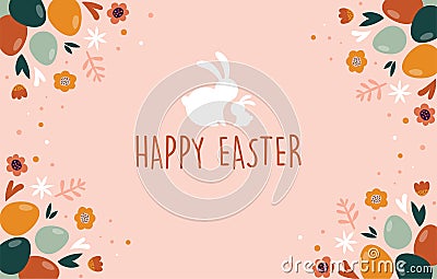 Boho Easter concept design, bunnies, eggs, flowers and rainbows in pastel and terracotta colors, flat vector Vector Illustration