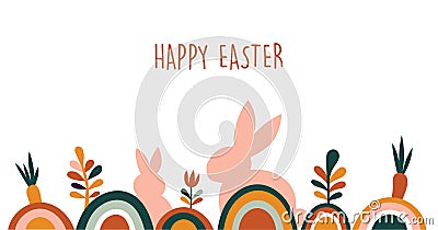 Boho Easter concept design, bunnies, eggs, flowers and rainbows in pastel and terracotta colors, flat vector Vector Illustration