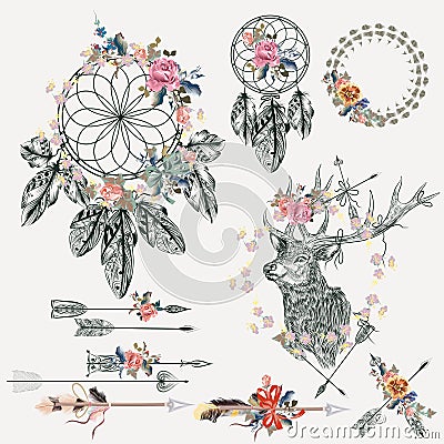 Boho elements collection. Deer, arrows, dreamcatcher, feathers a Stock Photo