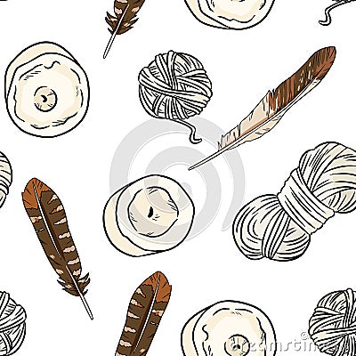 Boho elements, feathers, candles, cotton threads seamless pattern. Cozy lagom style template texture background tile Vector Illustration