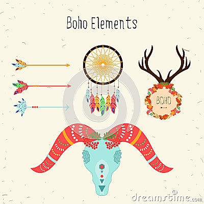 Boho elements. Vector ethnic set with arrows and sheep skull Stock Photo