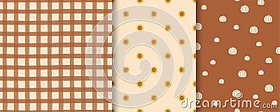 Boho fall patterns set. Sunflowers autumn pattern, checkered print, pumpkin pattern. Harvest fall background in vector Vector Illustration