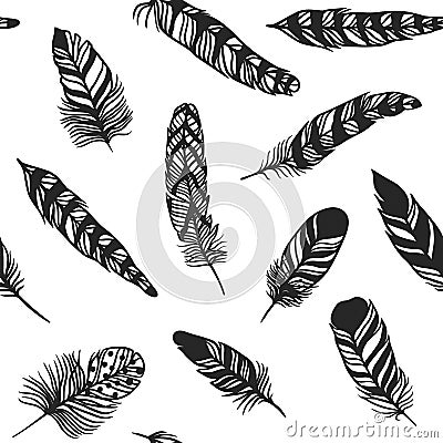 Boho feather hand drawn effect vector style seamless pattern illustration Vector Illustration