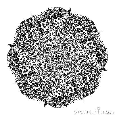 Boho floral mandala black line art. Yoga template circular pattern. Round ink mandala isolated on white background Vector Illustration