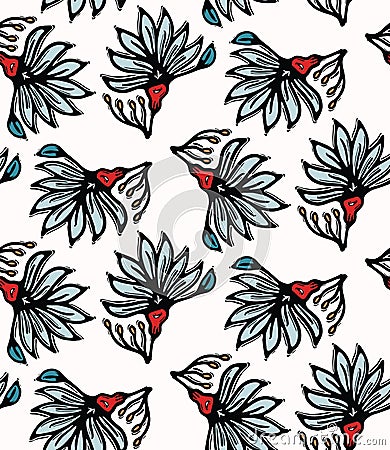 Boho flower bloom vector all over print. Seamless repeating pattern swatch. Red black bohemian folk floral background. Hand drawn Stock Photo