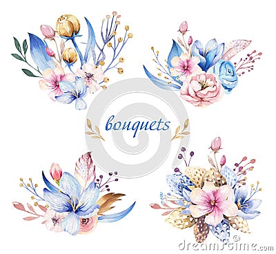 Boho flower set. Colorful floral collection with leaves and flowers, drawing watercolor. Spring or summer bouquet design Stock Photo