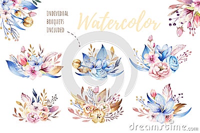 Boho flower set. Colorful floral collection with leaves and flowers, drawing watercolor. Spring or summer bouquet design Stock Photo