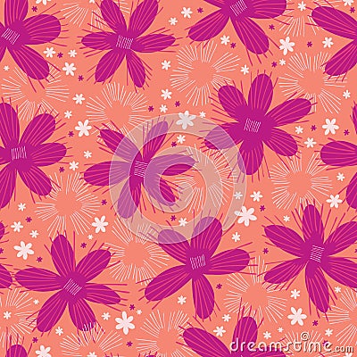 Boho Flower Summer Blooms. Coral Purple, White Floral Seamless Repeating Pattern Vector Illustration