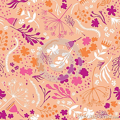 Boho Flower Summer Blooms. Coral Purple, White Floral Seamless Repeating Pattern Stock Photo