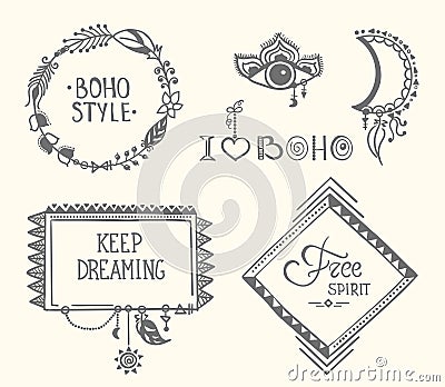 Boho hand drawn frames with feathers set Vector Illustration