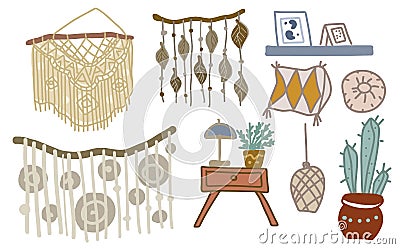 Boho hyuge interior elements macrame panel sketch doodle hand drawn separate elements furniture big set on white background Vector Illustration