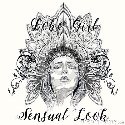 Boho illustration with hand drawn sensual girl in headdress from Cartoon Illustration