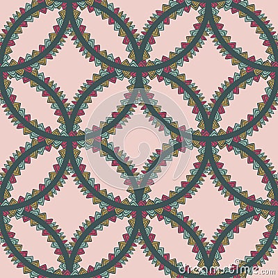 Boho interlocking circles seamless vector pattern with fun bunting triangles for fabric, wallpaper, backgrounds or scrapbooking Stock Photo