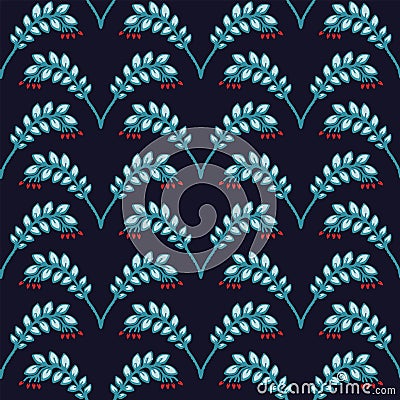 Boho leaves branch stem vector all over print. Seamless repeating pattern swatch. Bohemian folk motif background. Hand drawn retro Stock Photo