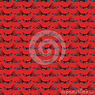 Boho leaves vector all over print. Seamless repeating pattern stripes. Red black bohemian folk motif background. Hand drawn retro Stock Photo