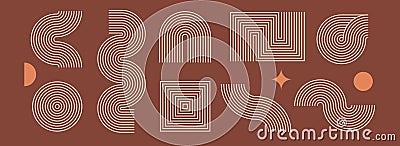 Boho linear element set. Brown beige wave and arch form design. Middle century curves and arcs collection. Bohemian Vector Illustration
