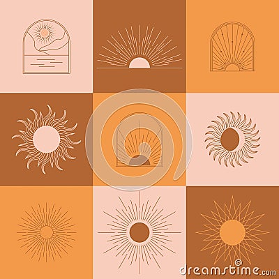 Boho linear sun, arch, arc set vector. Terracotta architecture elements in bohemian style. Tunisian, Algerian abstract print. Vector Illustration