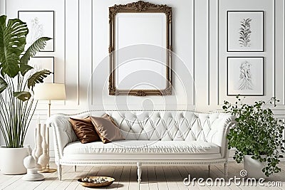 Boho Living Room Interior Photo Frame Mockup, The White Couch Near Empty White Wall - Generative AI Stock Photo