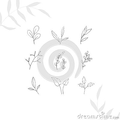 Boho logo. Tiny tattoo floral design set in doodle style isolated black contour hand drawign on white background. Botanical vector Vector Illustration