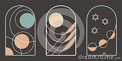 Boho magic abstract simple posters, arch windows set. Bohemian sun, moon, lines, stars. Minimalistic geometric abstraction with Vector Illustration