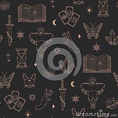 Boho magical seamless pattern, witchcraft objects moon Vector Illustration