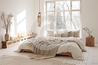 Boho minimal bedroom interior style with Home decoration mock up. Cozy beige tine stylish, furniture, comfortable bed, Modern Stock Photo