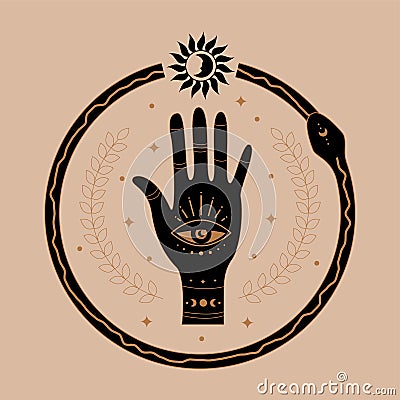 Boho mystic esoteric symbol. Hand drawn magic icon simple feminine logo with sun moon hand eye snake. Vector illustration Vector Illustration