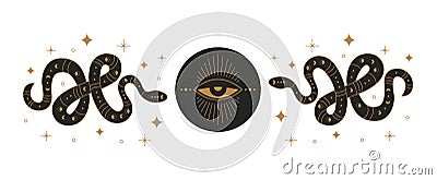 Boho mystic snake design. Abstract hand drawn esoteric serpent icon golden elements with moon eye, occult egypt style Vector Illustration