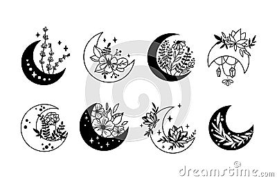 Boho mystical moon and flowers isolated cliparts set Vector Illustration