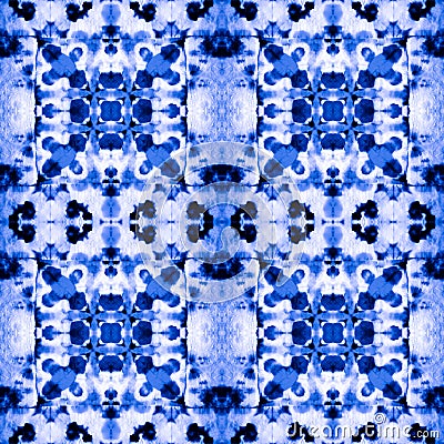 Boho Pattern. Blue Seamless Boho. Indigo Watercolor Splash. Persian Carpet. Ikat Geometric rug. Watercolor Tile. Azerbaijan Tapest Stock Photo