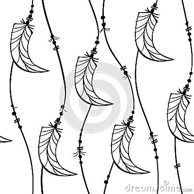 Boho pattern curve feather jewelry seamless ornament , wave striped lines with feathers shape , black isolated on white , hand dra Vector Illustration