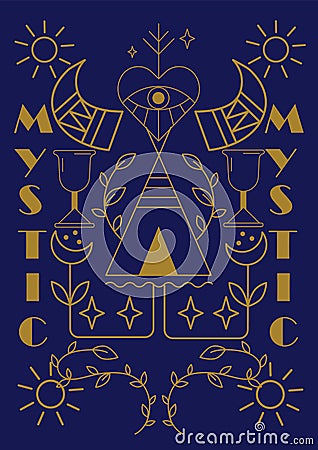 Boho poster. Mystic shaman hut, moon sun and botanical gold line element. Magic minimal card or social media stories Vector Illustration