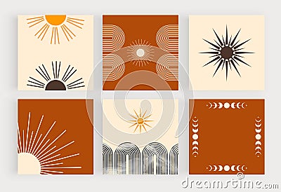 Boho retro social media posts with sun and rainbow shapes Stock Photo