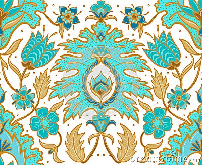 Boho Seamless Floral Tile - Turquoise and Mustard Light Vector Illustration